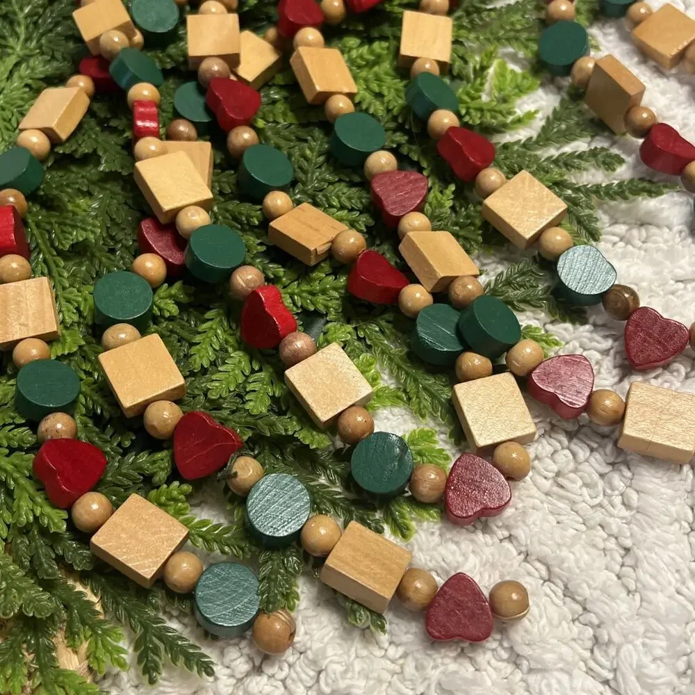 Vintage 90s Wooden Heart Beaded Garland Country 9’ Farmhouse Red Green Christmas